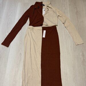 Brown and Cream, Two Piece Set, Top and Long Skirt, Fitted and Ribbed, Stretchy